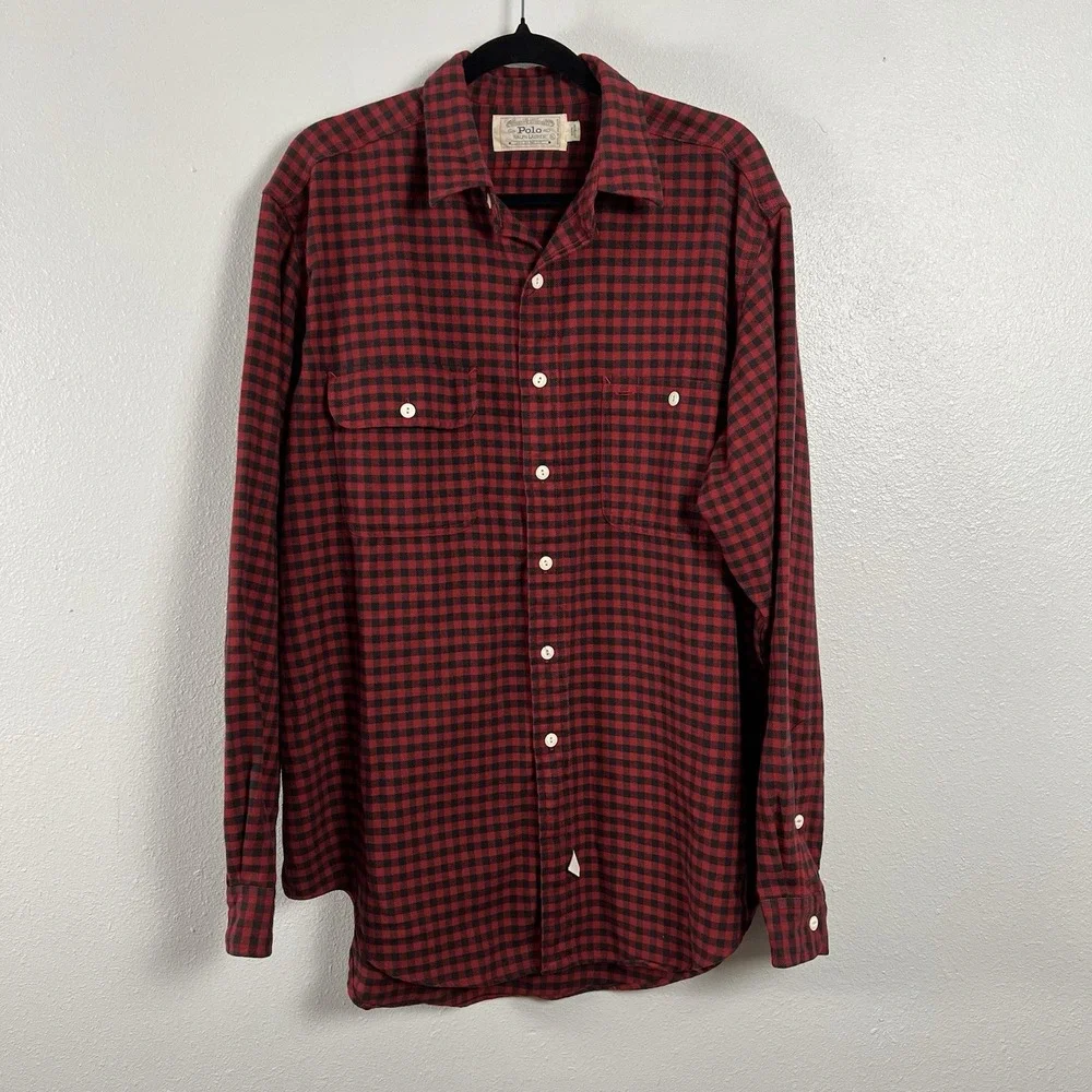 Polo Ralph‎ Lauren Mens Red Black Checkered Plaid Long Sleeve Button Down Shirt